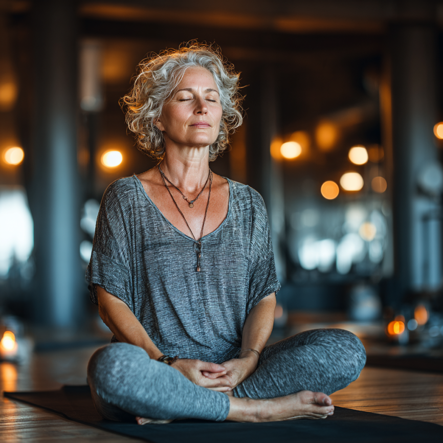 Група літніх людей займається йогою в парку