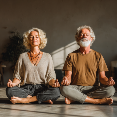 Група літніх людей займається йогою в парку